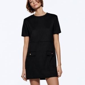 Zara Black Faux Suede Gold Button Shift Sheath Mini Dress - S
